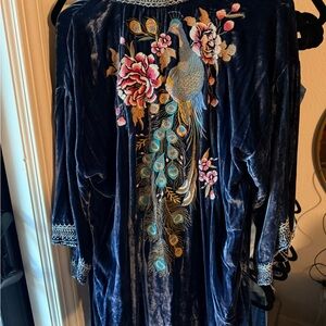 Johnny Was Blue Velvet Cardigan with Embroidered Peacock